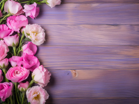 Bouquet of pink and white eustoma flowers on a wooden backgroundの写真素材