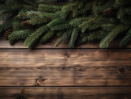 Christmas fir tree branches on wooden background. Top view with copy spaceの写真素材