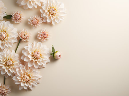 Beautiful dahlia flowers on beige background, top viewの写真素材