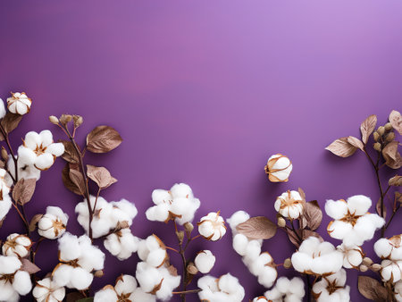 Flowers composition. Cotton flowers on purple background. Flat lay, top view, copy spaceの写真素材