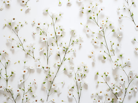 White spring flowers on white background. Flat lay, top view.
