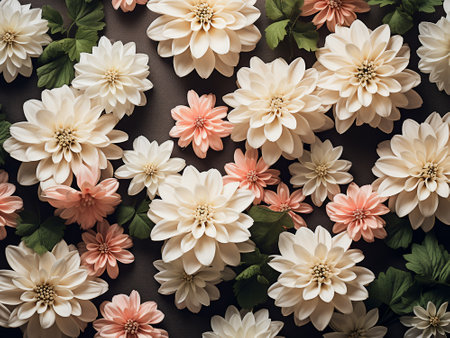 White dahlia flowers on dark background. Flat lay, top viewの写真素材