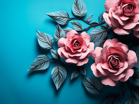 Beautiful pink roses on blue background. Flat lay, top viewの写真素材