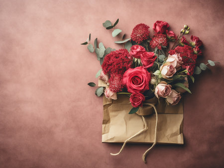 Bouquet of red and pink flowers in paper bag on brown backgroundの写真素材
