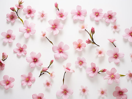 Pink sakura flowers on white background. Flat lay, top view