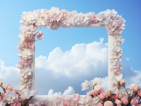 Cherry blossom frame against blue sky with white clouds. Space for textの写真素材