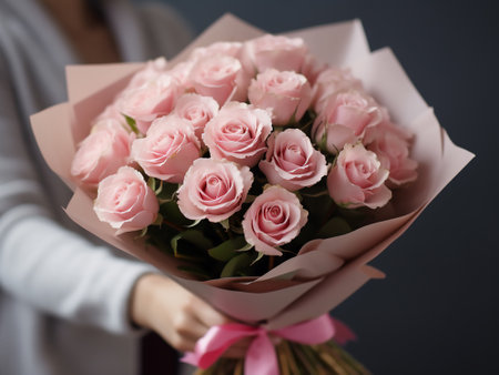 Bouquet of pink roses in the hands of a girl.の写真素材