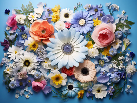 Beautiful bouquet of different flowers on blue background. Flat lay, top viewの写真素材