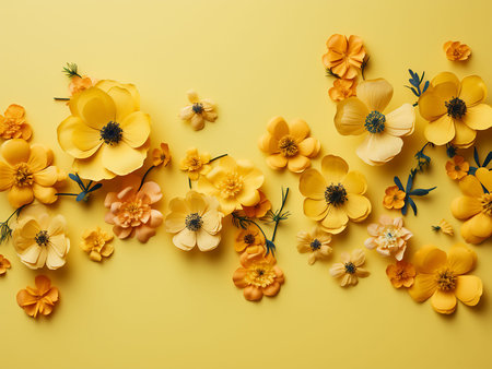 Flowers composition. Yellow flowers on yellow background. Flat lay, top view, copy space