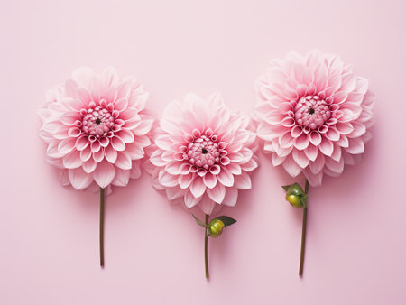 Pink dahlia flowers on pink background. Flat lay, top viewの写真素材