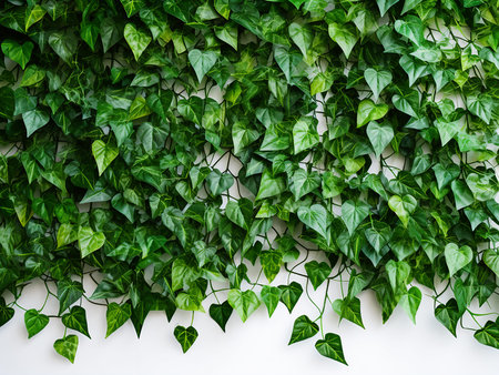 Green ivy leaves on white wall background, top view, copy space