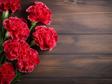 Red carnation flowers on wooden background. Top view with copy spaceの写真素材