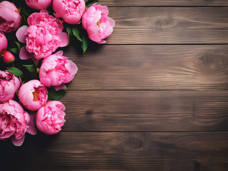Pink peonies on wooden background. Top view with copy space.の写真素材