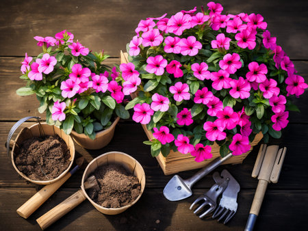 Pink flowers in a pot and gardening tools on a wooden background.の写真素材