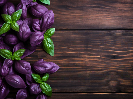 Fresh basil leaves on dark wooden background. Top view with copy spaceの写真素材