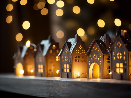 Christmas and New Year background with wooden houses and bokeh lightsの写真素材