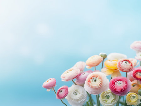 Colorful ranunculus flowers on blue background with copy space.