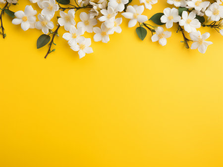 White jasmine flowers on yellow background. Flat lay, top view, copy spaceの写真素材