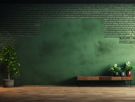 interior with green brick wall and wooden bench, 3d renderの写真素材