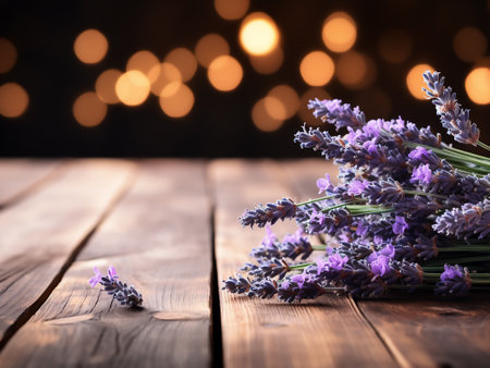Bouquet of lavender flowers on a wooden table with bokeh backgroundの写真素材