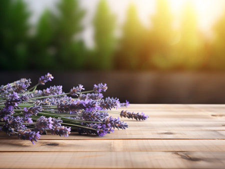 Lavender flowers on wooden table in front of blurred background.の写真素材