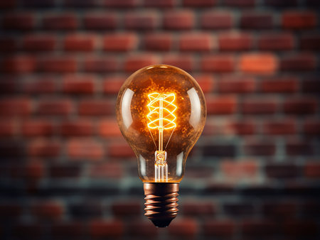 Glowing fluorescent light bulb on brick wall background. 3D rendering