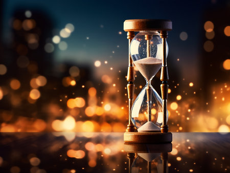 Hourglass on blurred city background. Time management concept. 3D Renderingの写真素材