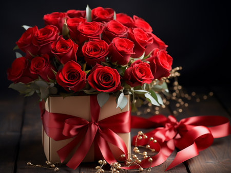 Bouquet of red roses and gift box on wooden background.の写真素材