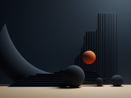 3d render of abstract minimal geometric forms. Glossy black and orange podiums. Luxury pedestal or platform for product presentation. Fashion show stage.の写真素材