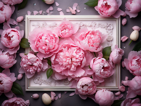 Beautiful peony flowers and frame on gray background, top viewの写真素材