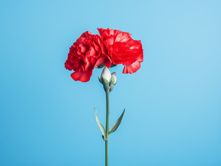 Red carnation flower on blue background. Flat lay, top viewの写真素材