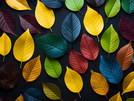 Colorful autumn leaves on black background. Flat lay, top view