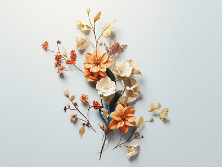 Flowers composition. Dried flowers on white background. Flat lay, top view, copy spaceの写真素材