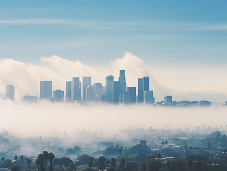 Cityscape of Los Angeles in morning fog, California, USA.