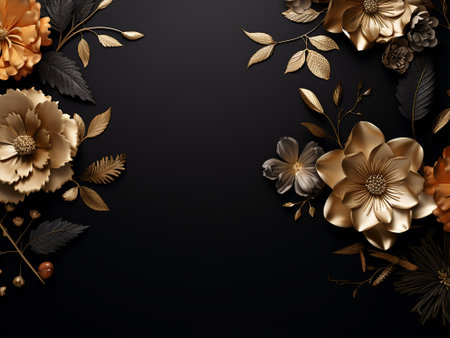 3d render, black background with golden flowers, leaves and branchesの写真素材