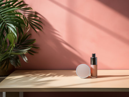 Cosmetic bottle on table with palm leaves. 3d render.の写真素材