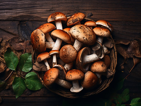 Porcini mushrooms in a basket on a dark wooden background.の写真素材