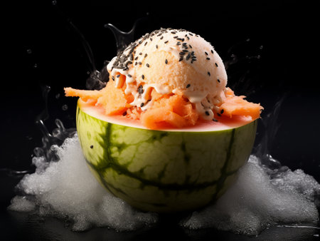 Melon ice cream in watermelon with black sesame on black backgroundの写真素材