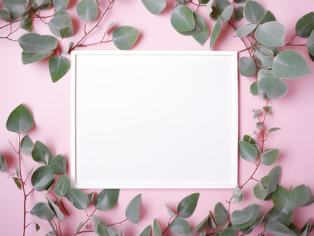 White frame with eucalyptus branches on pink background. Flat lay, top view.の写真素材