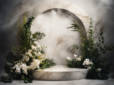 White flowersle podium in dark room with arch and smoke.の写真素材