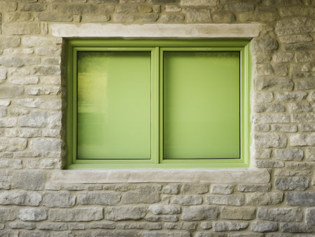 Green plastic window on white brick wall with copy space for text.の写真素材