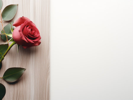 Red rose on wood background with copy space. Valentines day backgroundの写真素材