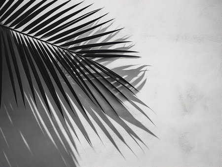 Tropical palm leaf shadow on white wall. Black and white