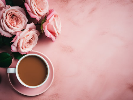 Coffee cup and pink roses on pink background with copy space.の写真素材