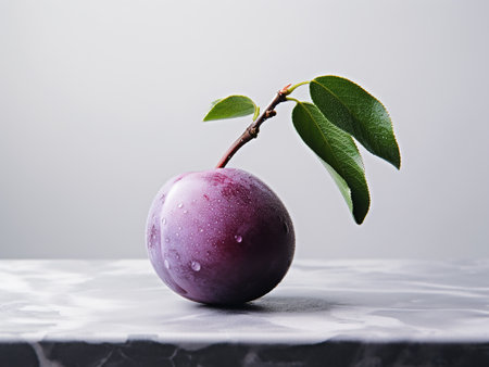 Plum with water drops on a marble table. Gray background.の写真素材