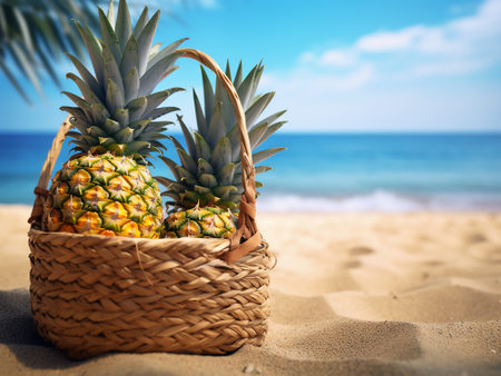 Basket of fresh pineapples on the beach. Summer vacation conceptの写真素材