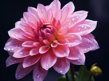 Beautiful pink dahlia flower with water drops on black backgroundの写真素材