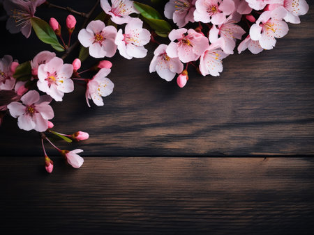 cherry blossom on wooden background with copy space for your textの写真素材