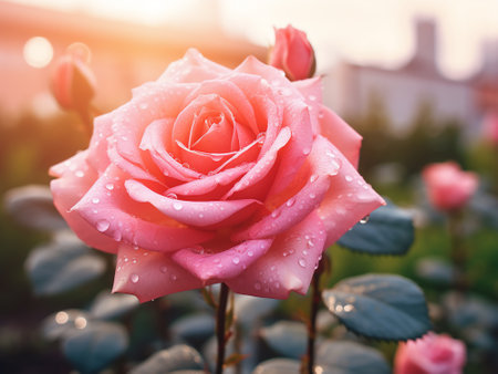 Beautiful pink rose blooming in the garden. Nature background.の写真素材