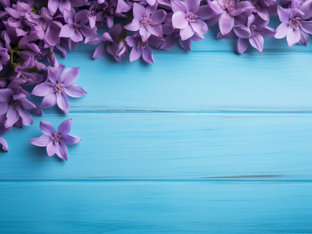 Purple flowers on blue wooden background. Top view with copy spaceの写真素材